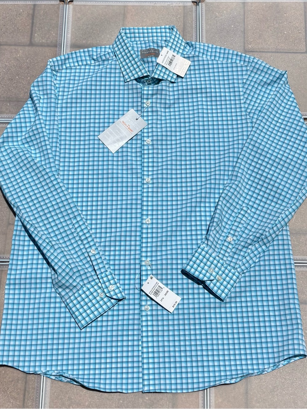 NWT Perry Ellis Portfolio Tech+ Shirt Slim Fit Blue Plaid Dress Shirt 17.5 34/35